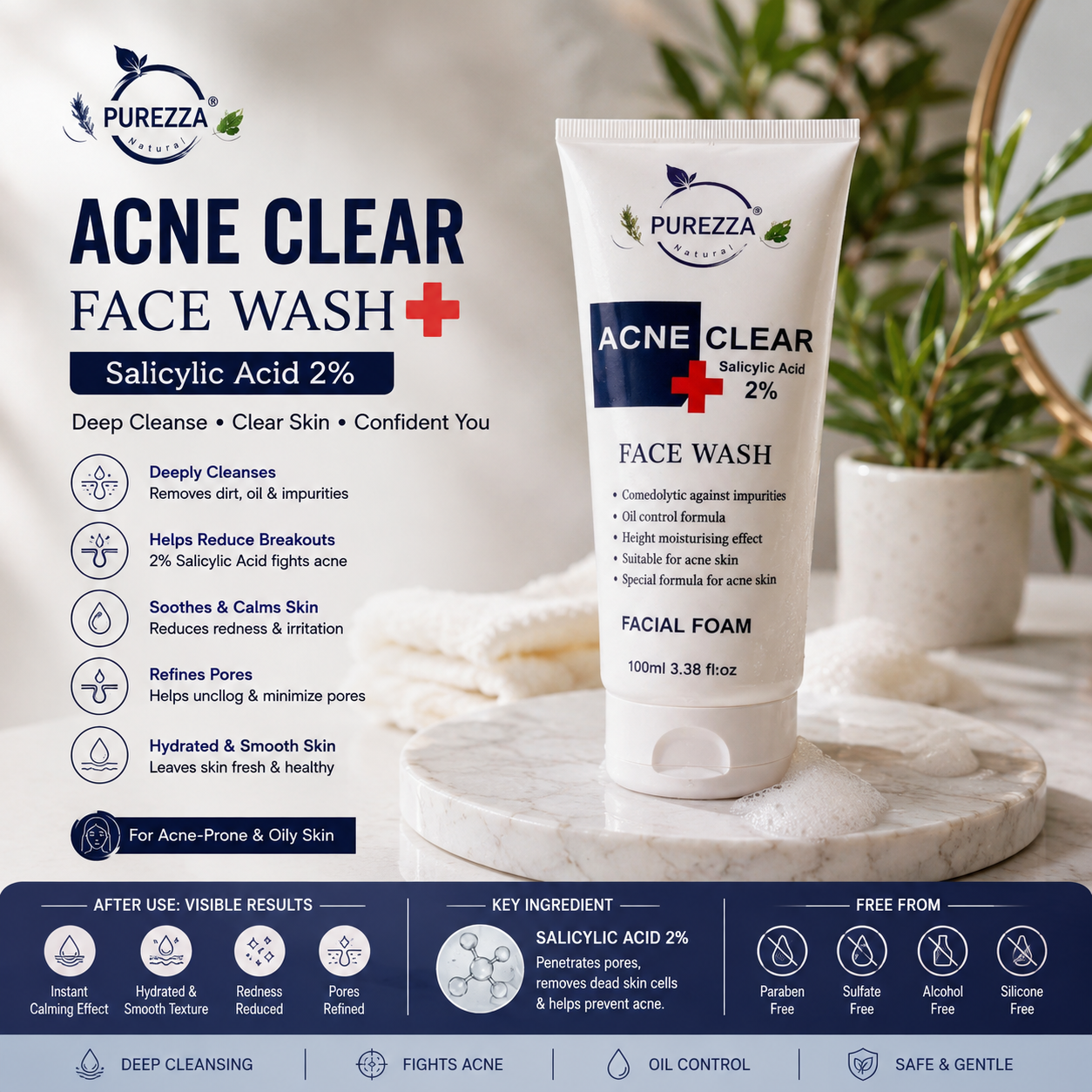 PUREZZA Acne Clear Face Wash – Deep Cleanse & Clear Skin