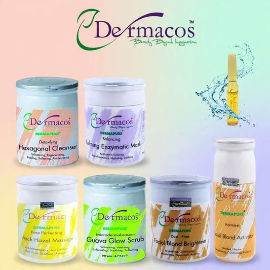 Dermacos Skincare Essentials Facial Kit (200ml Each) Pack of 6 + FREE Skin Lightning Ampoule (2ml)